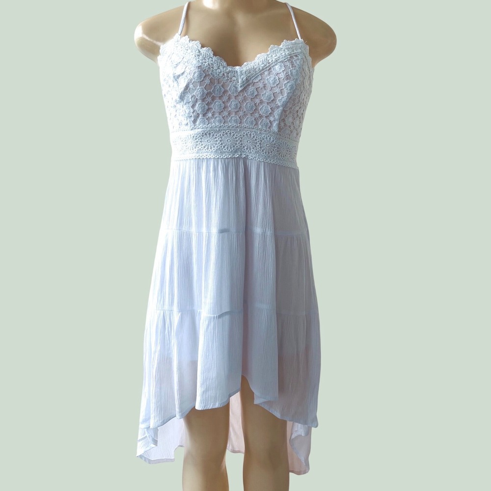 White Floral Crochet Lace High Low Dress Smocked Back Boho Beach Sundress Sz Sm